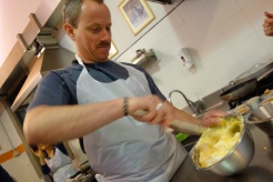 Dave whisks together marscapone and eggs to make the creamy base of our tiramisu.
